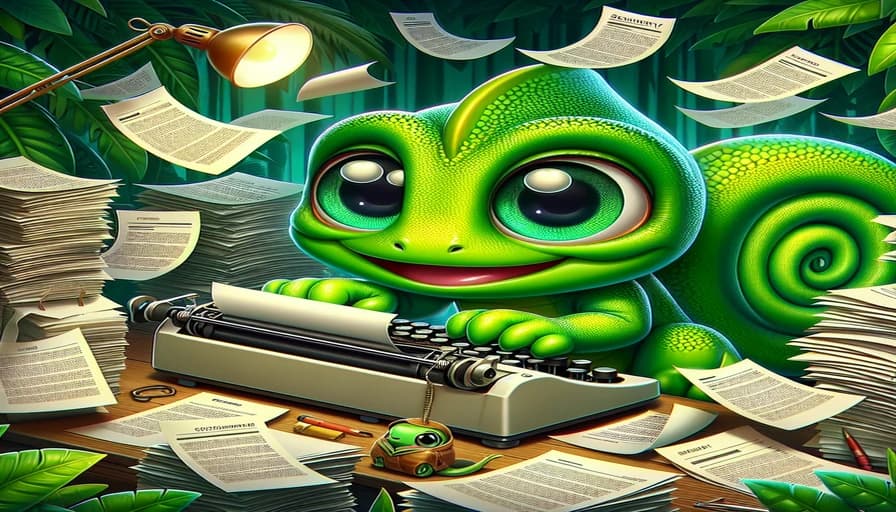 Camo writing a clear summary at his typewriter