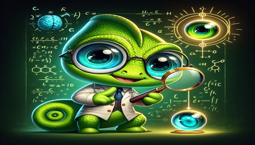 Camo the chameleon analyzing data with a magnifying glass