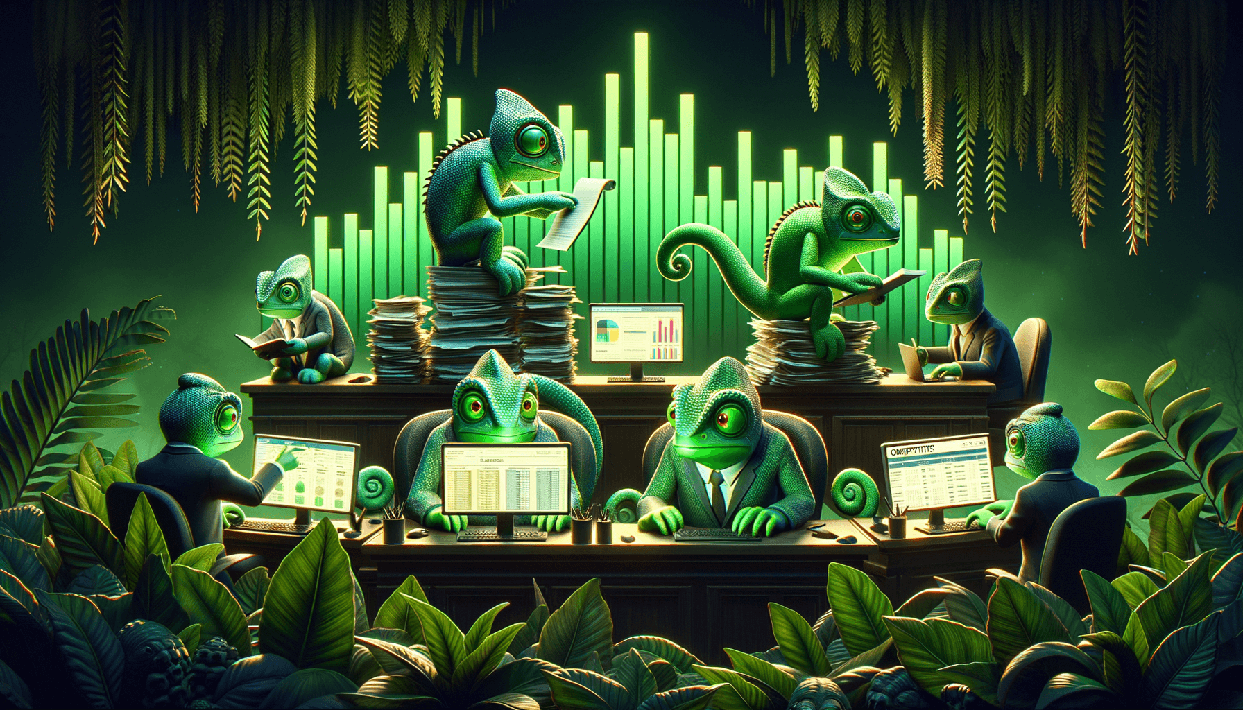 Team of chameleons monitoring different pages